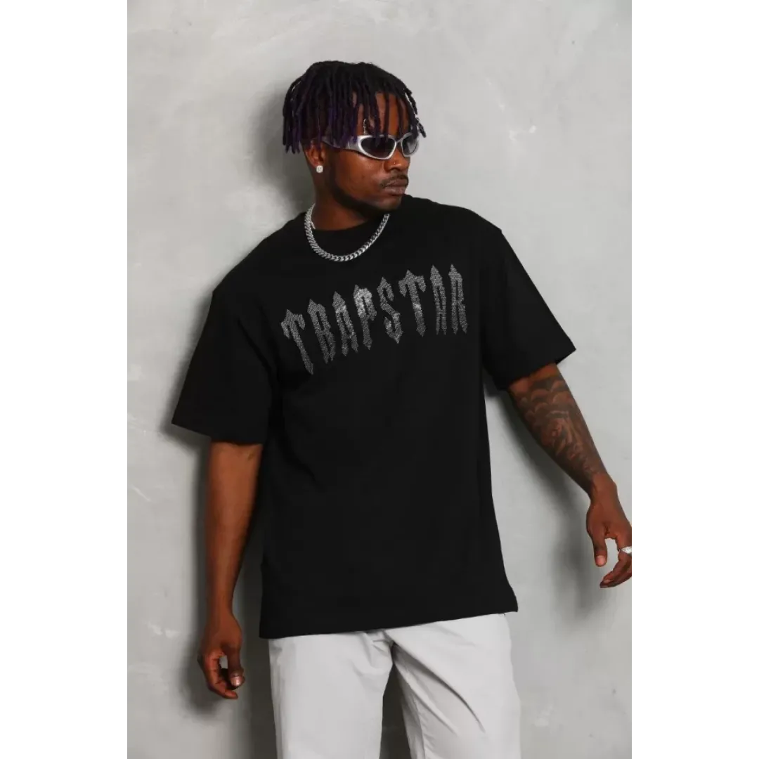 Unisex Oversize Taşlı Bisiklet Yaka T-Shirt - Siyah - 98616 Unisex Oversize Taşlı Bisiklet Yaka T-Shirt - Siyah - 98616