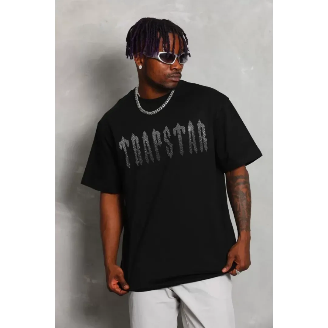 Unisex Oversize Taşlı Bisiklet Yaka T-Shirt - Siyah - 98616 Unisex Oversize Taşlı Bisiklet Yaka T-Shirt - Siyah - 98616