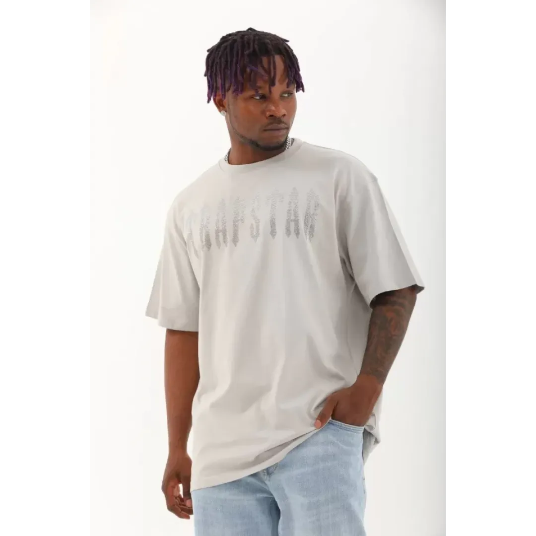 Unisex Oversize Taşlı Bisiklet Yaka T-Shirt - Gri - 98617 Unisex Oversize Taşlı Bisiklet Yaka T-Shirt - Gri - 98617