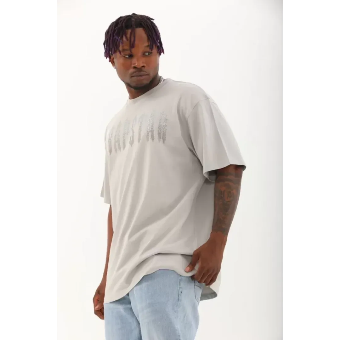 Unisex Oversize Taşlı Bisiklet Yaka T-Shirt - Gri - 98617 Unisex Oversize Taşlı Bisiklet Yaka T-Shirt - Gri - 98617