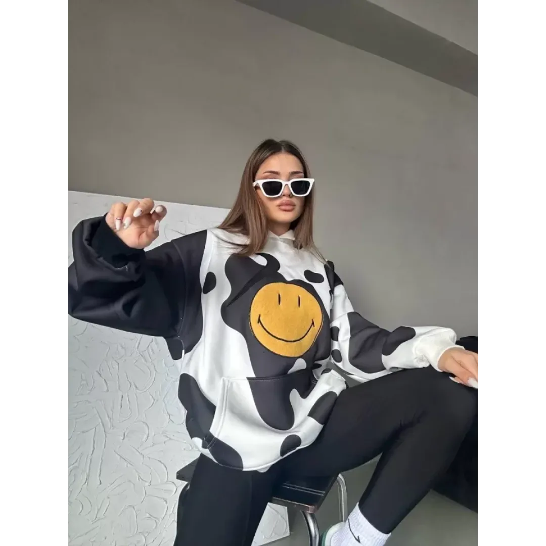 Smiley Face Kapüşonlu Sweatshirt - Siyah - 98618