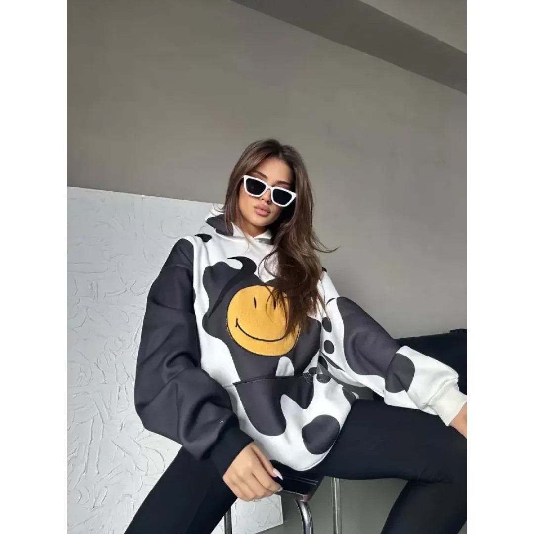 Smiley Face Kapüşonlu Sweatshirt - Siyah - 98618