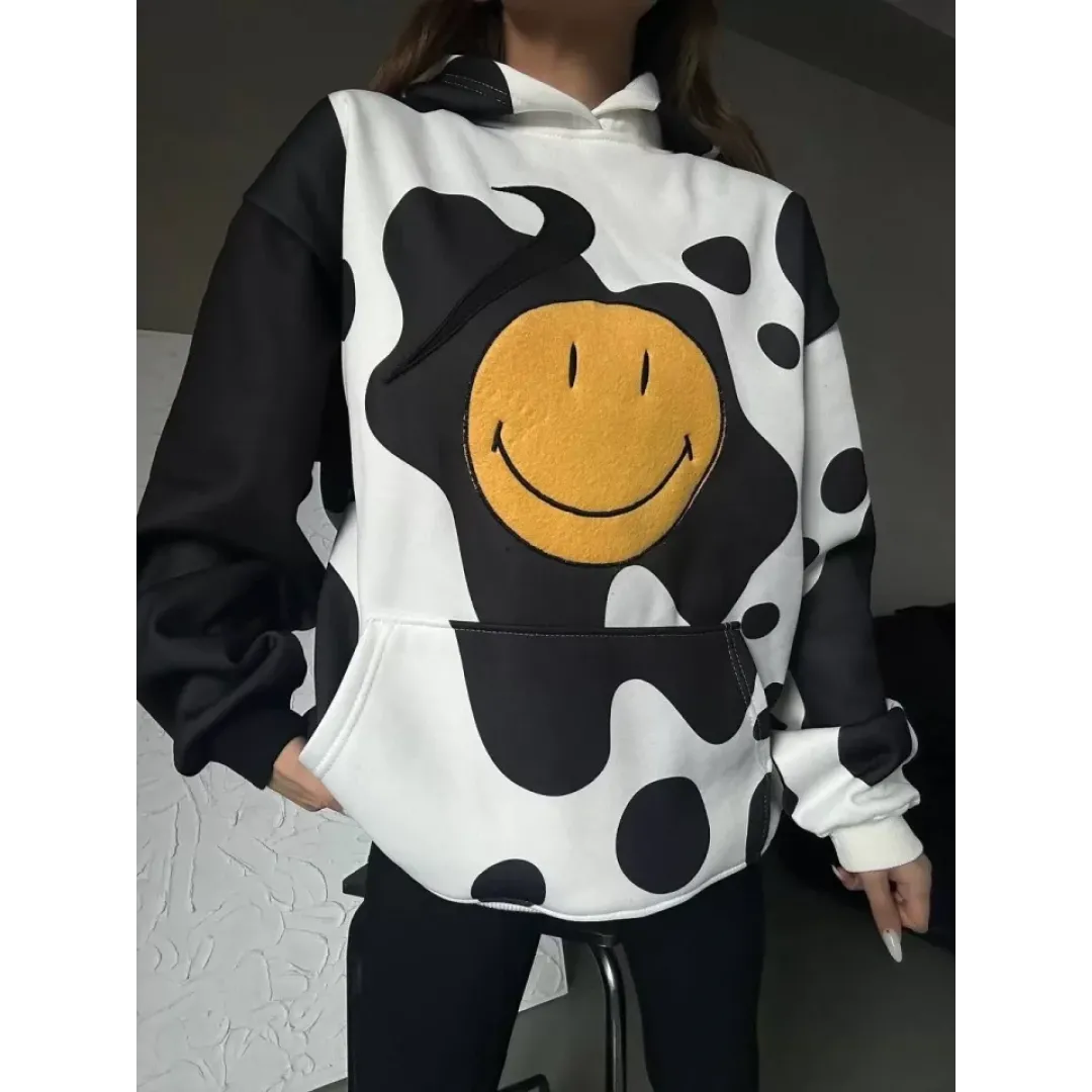 Smiley Face Kapüşonlu Sweatshirt - Siyah - 98618