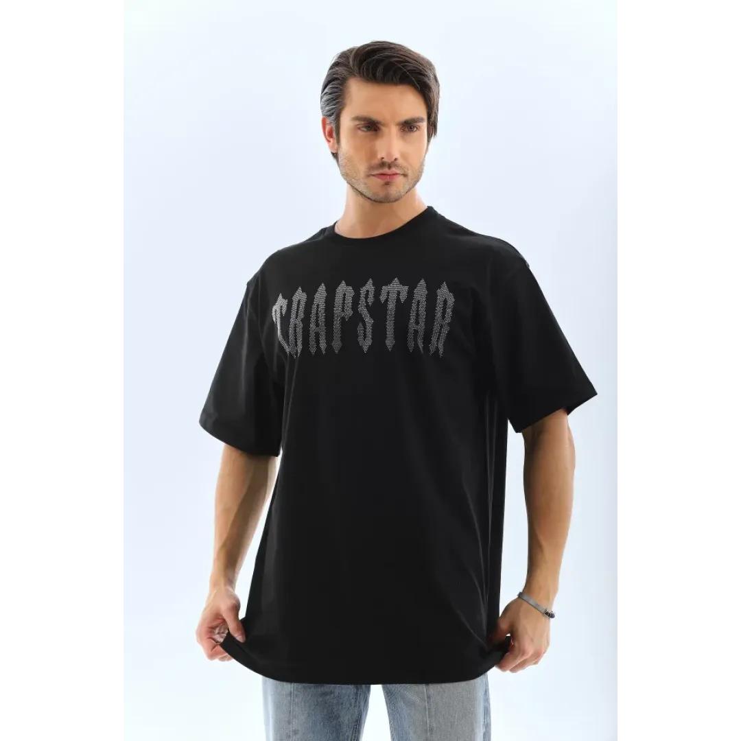 Unisex Oversize Taşlı Bisiklet Yaka T-Shirt - Siyah - 98623 Unisex Oversize Taşlı Bisiklet Yaka T-Shirt - Siyah - 98623