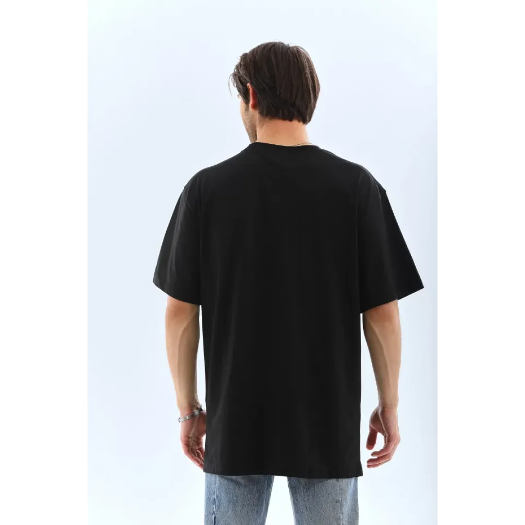 Unisex Oversize Taşlı Bisiklet Yaka T-Shirt - Siyah - 98623 Unisex Oversize Taşlı Bisiklet Yaka T-Shirt - Siyah - 98623