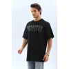 Unisex Oversize Taşlı Bisiklet Yaka T-Shirt - Siyah - 98623 Unisex Oversize Taşlı Bisiklet Yaka T-Shirt - Siyah - 98623