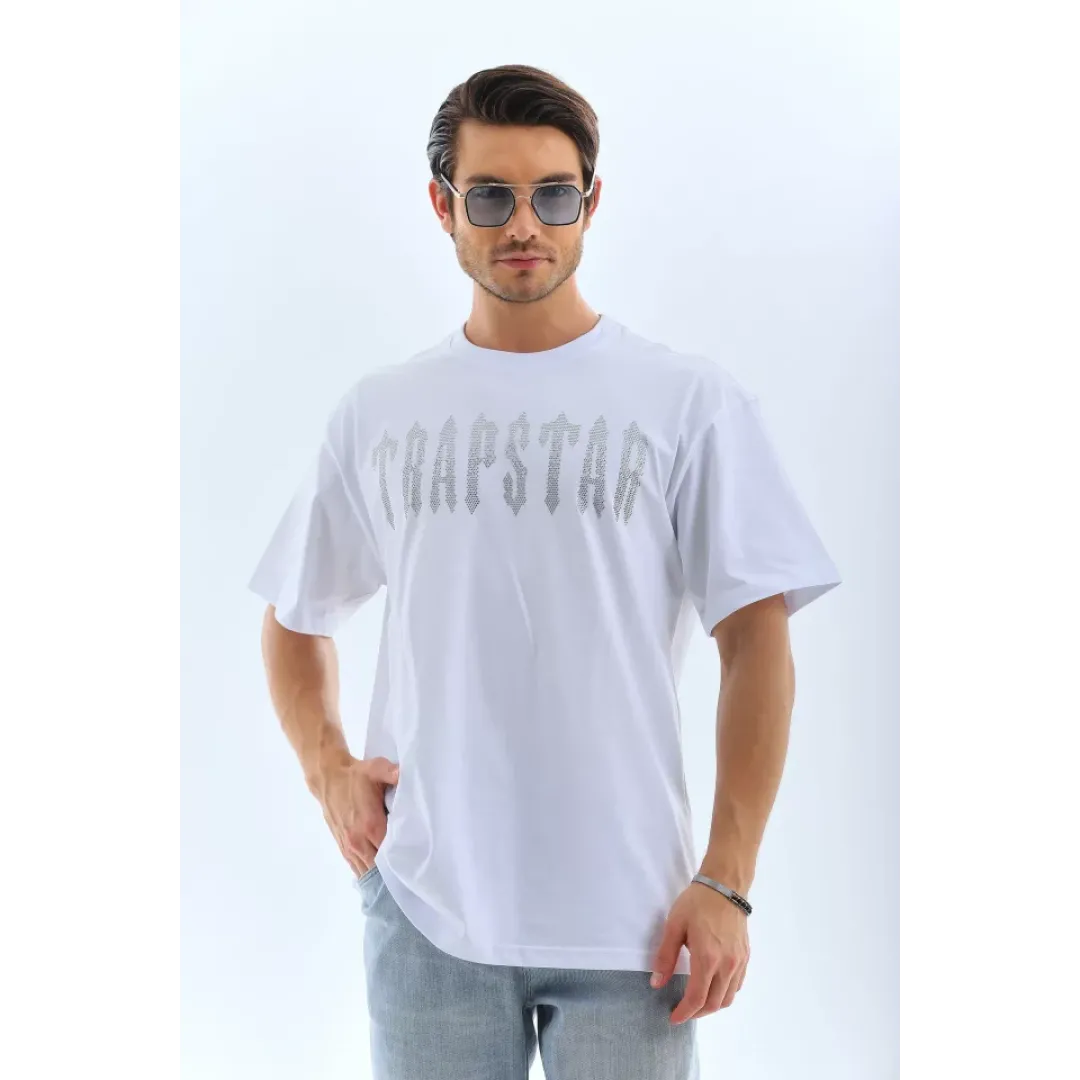 Unisex Oversize Taşlı Bisiklet Yaka T-Shirt - Beyaz - 98624