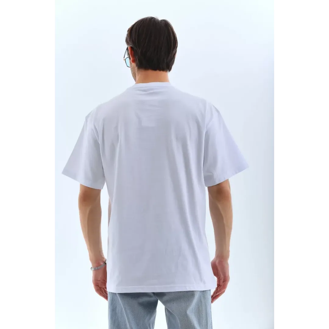 Unisex Oversize Taşlı Bisiklet Yaka T-Shirt - Beyaz - 98624
