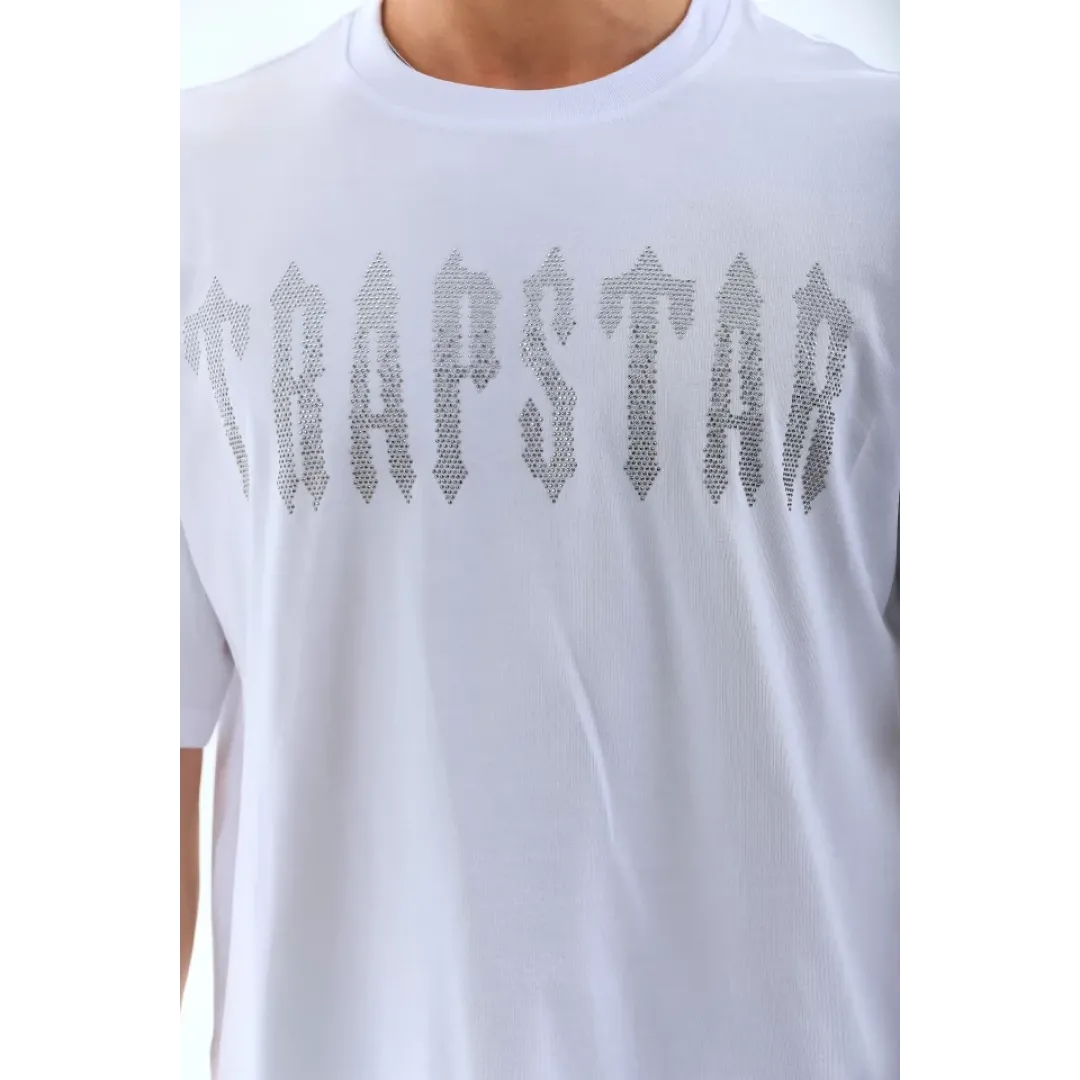 Unisex Oversize Taşlı Bisiklet Yaka T-Shirt - Beyaz - 98624