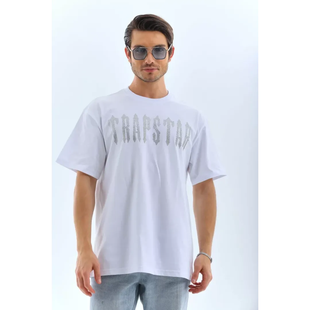 Unisex Oversize Taşlı Bisiklet Yaka T-Shirt - Beyaz - 98624