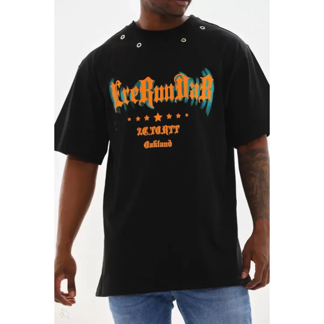 Unisex Kuşgözü Detaylı Baskılı Oversize T-Shirt - Siyah - 98629 Unisex Kuşgözü Detaylı Baskılı Oversize T-Shirt - Siyah - 98629