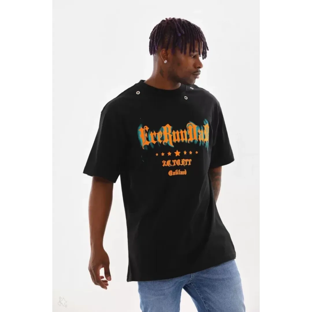 Unisex Kuşgözü Detaylı Baskılı Oversize T-Shirt - Siyah - 98629 Unisex Kuşgözü Detaylı Baskılı Oversize T-Shirt - Siyah - 98629