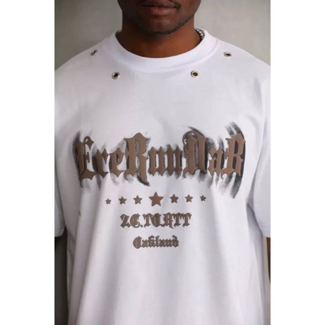 Unisex Kuşgözü Detaylı Baskılı Oversize T-Shirt - Beyaz - 98630 Unisex Kuşgözü Detaylı Baskılı Oversize T-Shirt - Beyaz - 98630