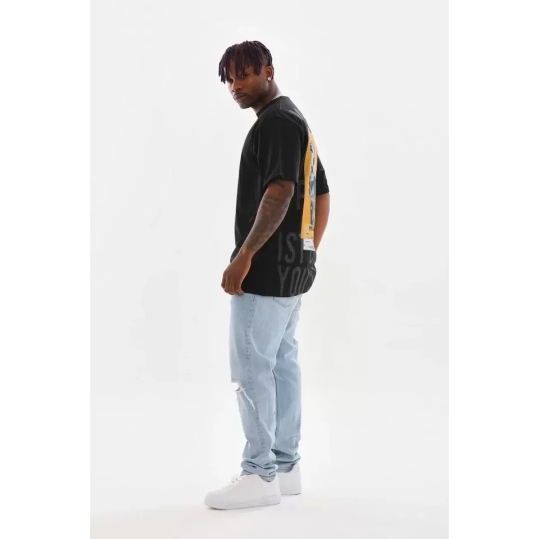 Unisex Baskılı Oversize T-Shirt - Siyah - 98642