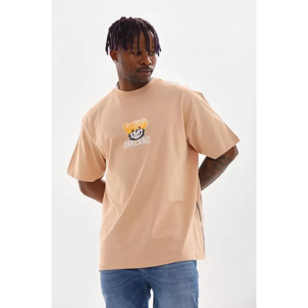 Unisex Baskılı Oversize T-Shirt - Bej - 98643