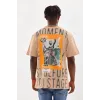 Unisex Baskılı Oversize T-Shirt - Bej - 98643