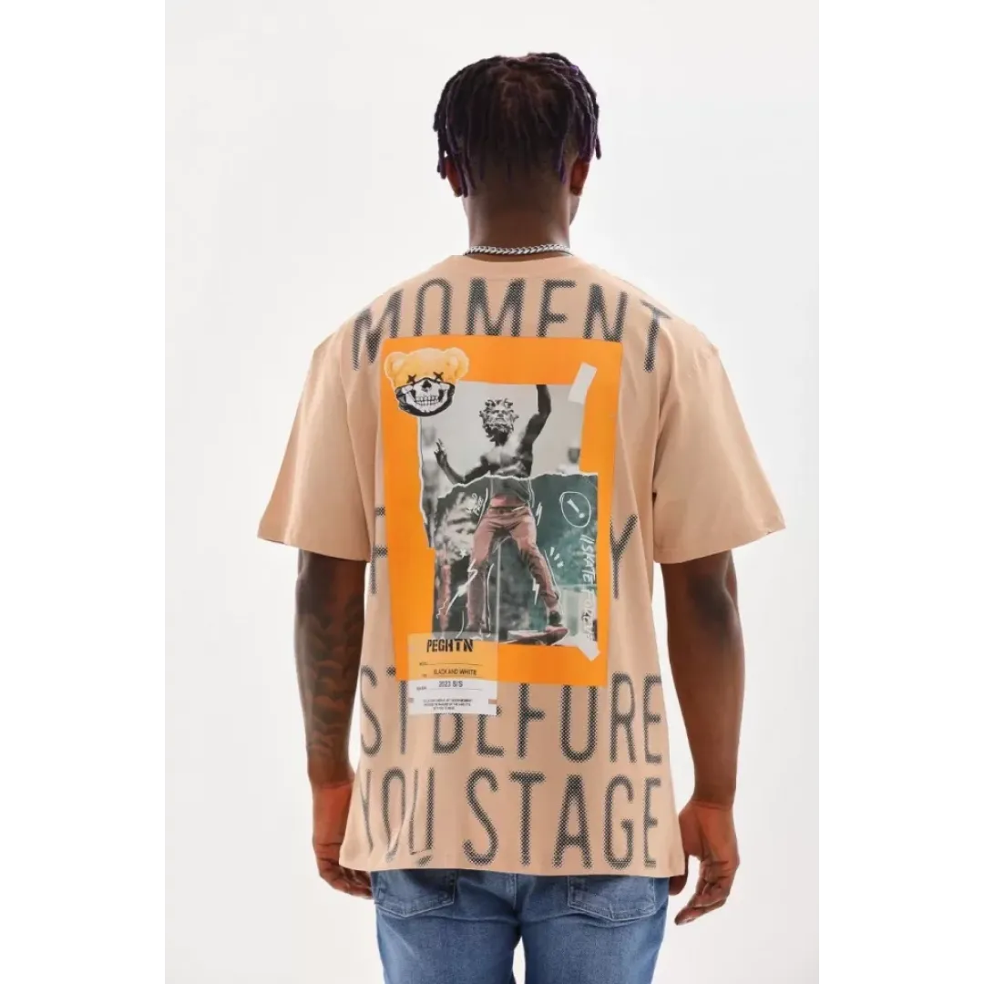 Unisex Baskılı Oversize T-Shirt - Bej - 98643