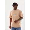 Unisex Baskılı Oversize T-Shirt - Bej - 98643