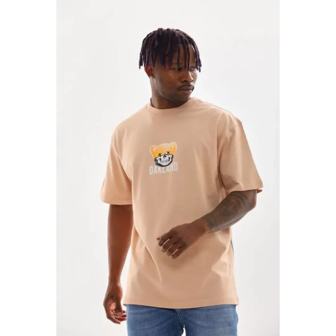 Unisex Baskılı Oversize T-Shirt - Bej - 98643