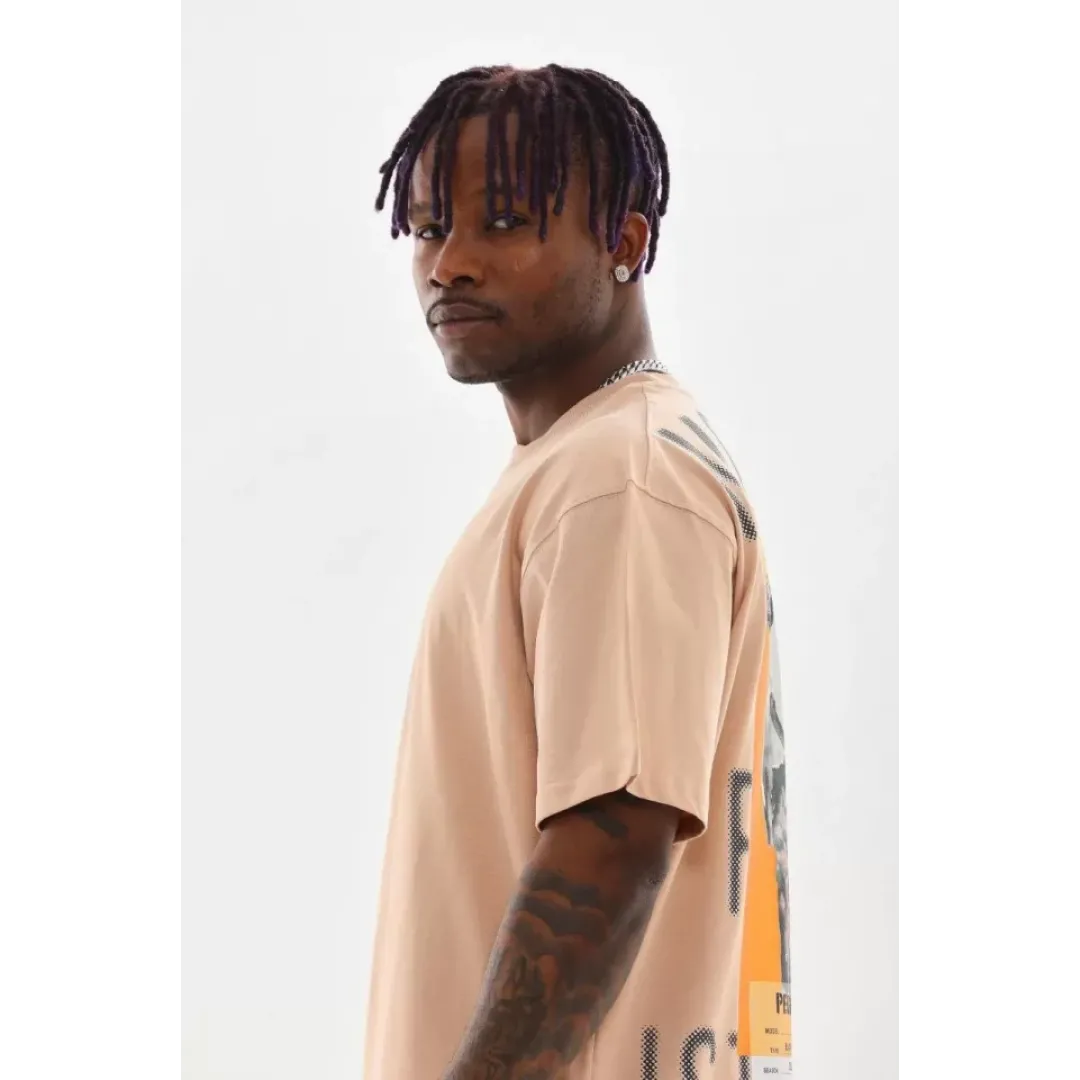 Unisex Baskılı Oversize T-Shirt - Bej - 98643
