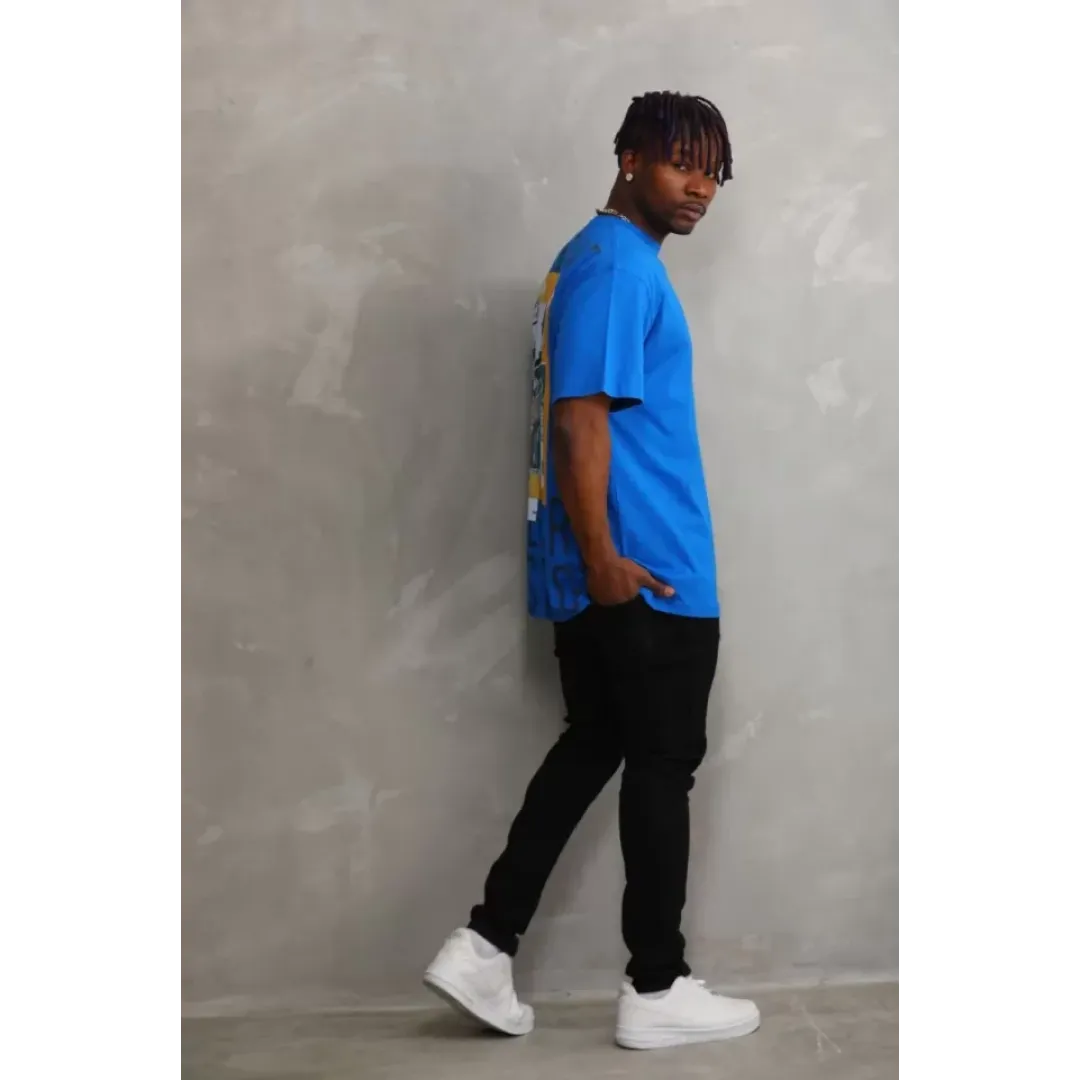 Unisex Baskılı Oversize T-Shirt - Mavi - 98644 Unisex Baskılı Oversize T-Shirt - Mavi - 98644
