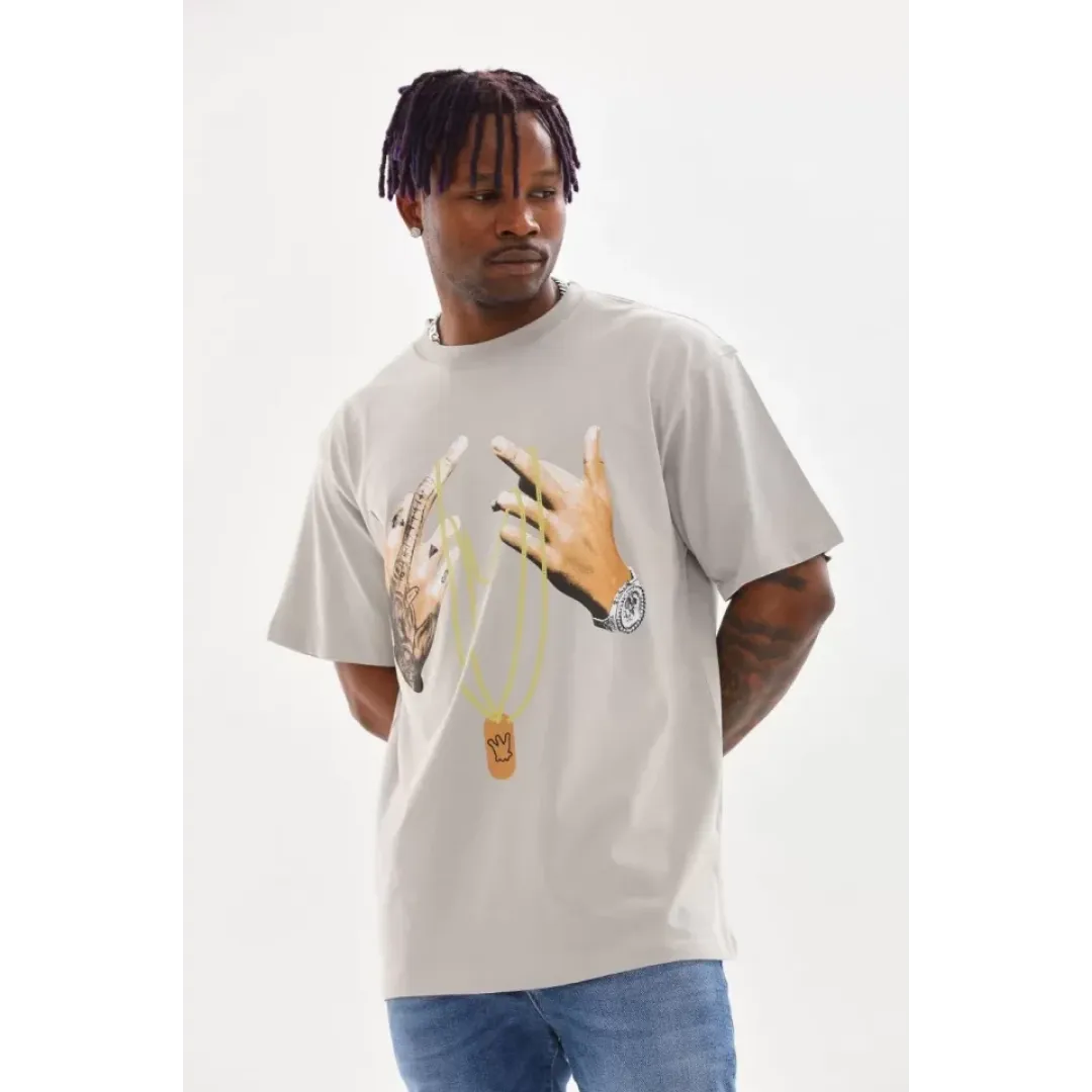 Unisex Baskılı Oversize T-Shirt - Gri - 98650 Unisex Baskılı Oversize T-Shirt - Gri - 98650