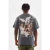 Unisex Baskılı Oversize T-Shirt - Füme - 98655