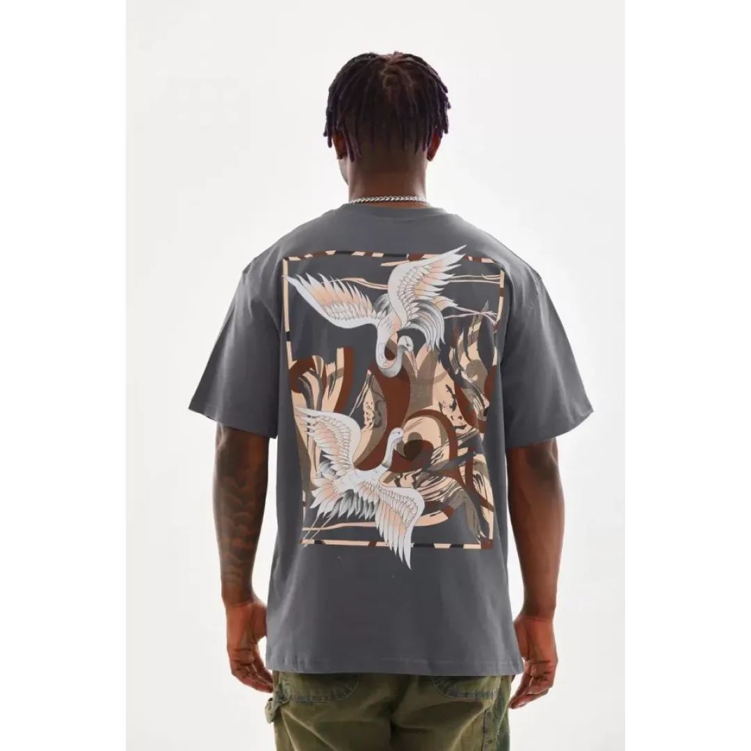 Unisex Baskılı Oversize T-Shirt - Füme - 98655