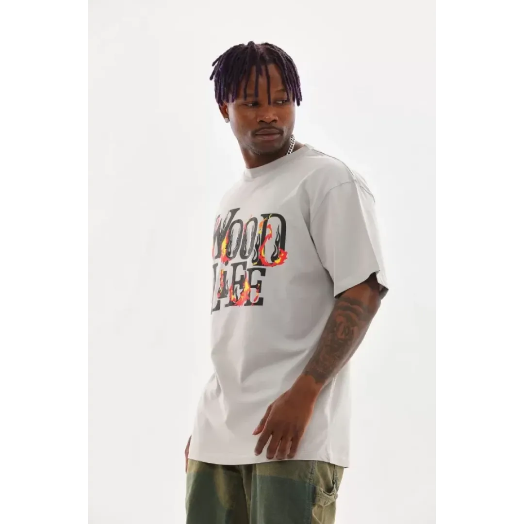 Unisex Baskılı Oversize T-Shirt - Gri - 98729