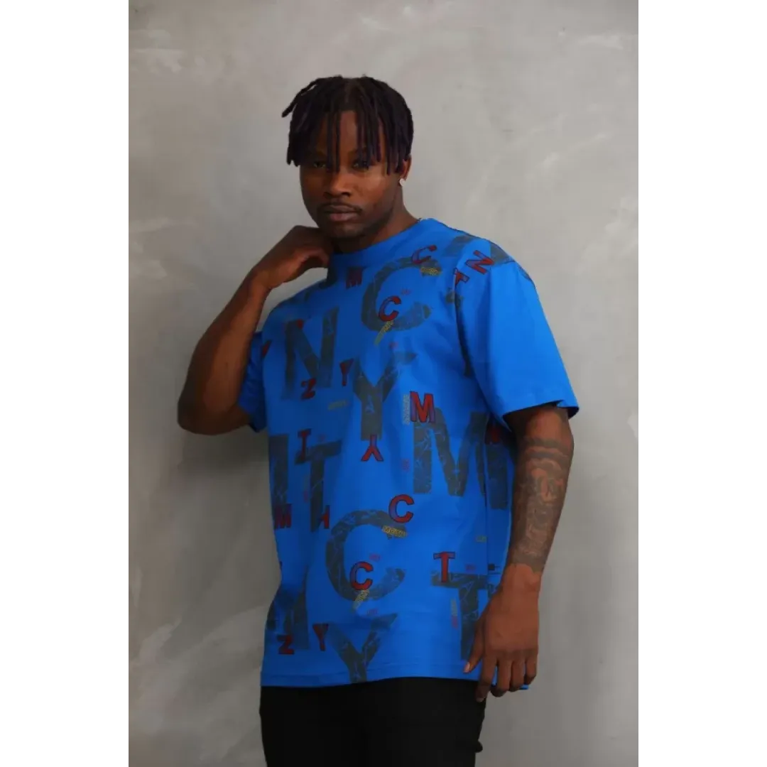 Unisex Baskılı Oversize T-Shirt - Mavi - 98734 Unisex Baskılı Oversize T-Shirt - Mavi - 98734
