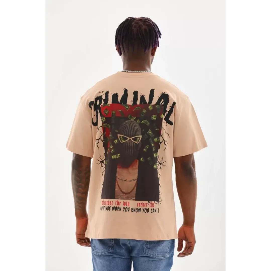 Unisex Baskılı Oversize T-Shirt - Bej - 98741 Unisex Baskılı Oversize T-Shirt - Bej - 98741
