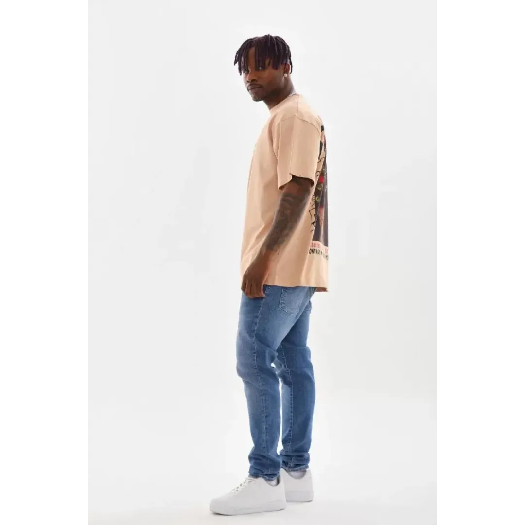 Unisex Baskılı Oversize T-Shirt - Bej - 98741 Unisex Baskılı Oversize T-Shirt - Bej - 98741