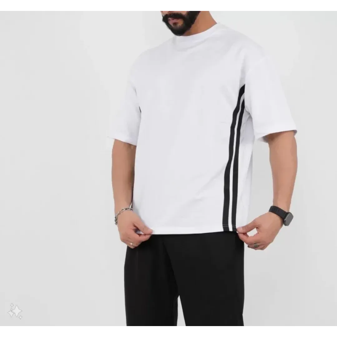 Unisex Oversize Yanları Şeritli T-Shirt - Beyaz - 98748 Unisex Oversize Yanları Şeritli T-Shirt - Beyaz - 98748