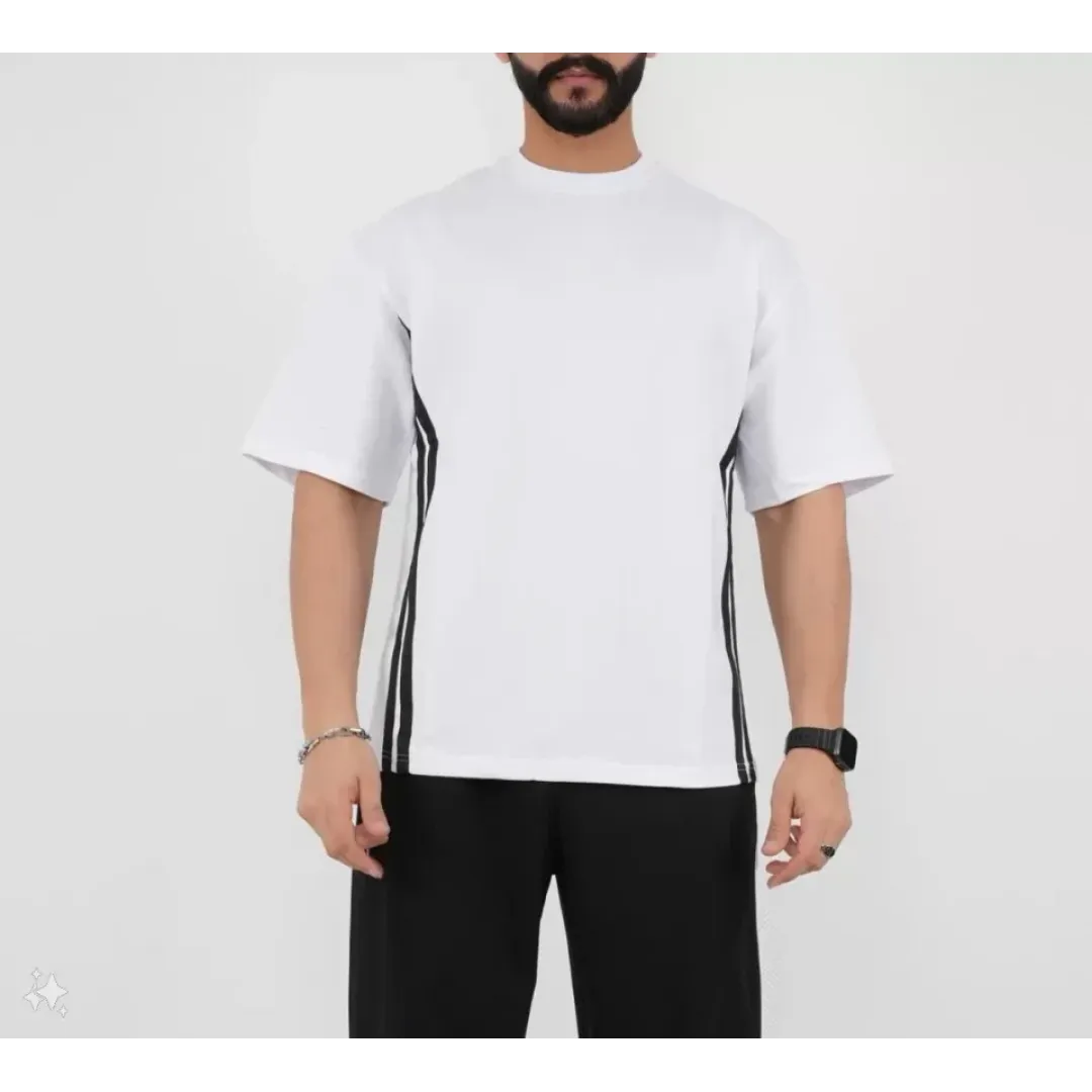 Unisex Oversize Yanları Şeritli T-Shirt - Beyaz - 98748 Unisex Oversize Yanları Şeritli T-Shirt - Beyaz - 98748