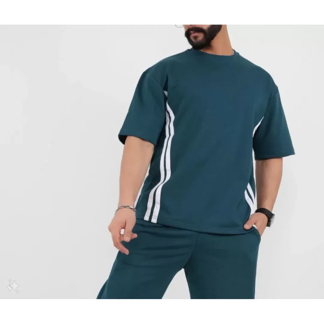 Unisex Oversize Yanları Şeritli T-Shirt - Cam Göbeği - 98750