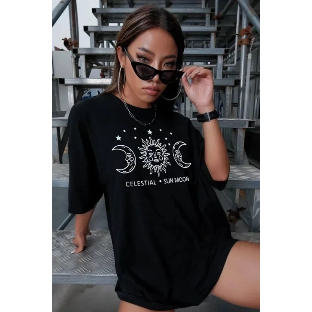 Unisex Baskılı Oversize T-Shirt - Siyah - 99813 Unisex Baskılı Oversize T-Shirt - Siyah - 99813