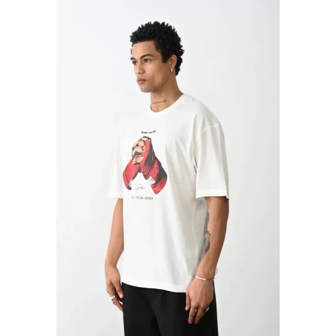 Unisex Baskılı Oversize T-Shirt - Beyaz - 100237