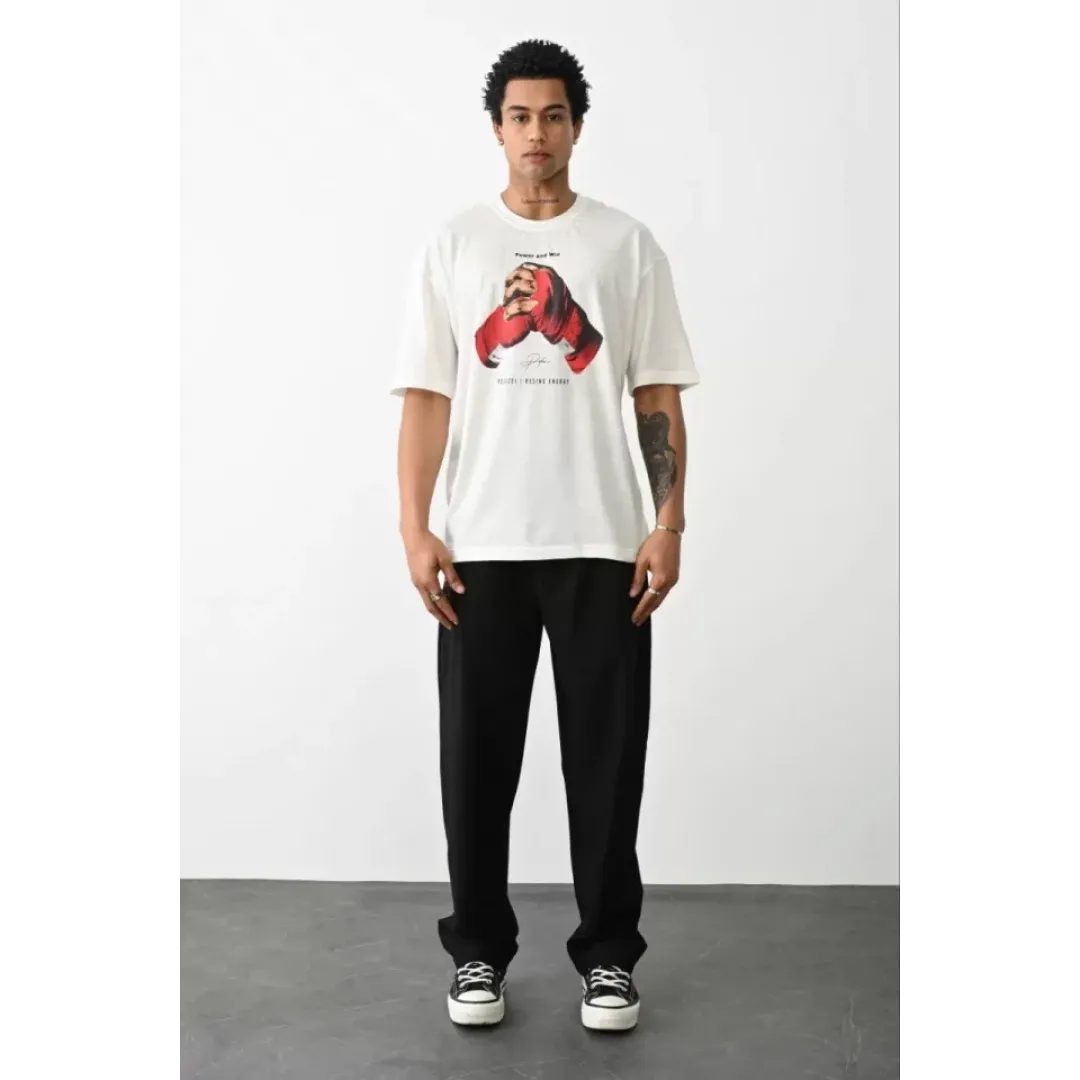 Unisex Baskılı Oversize T-Shirt - Beyaz - 100237
