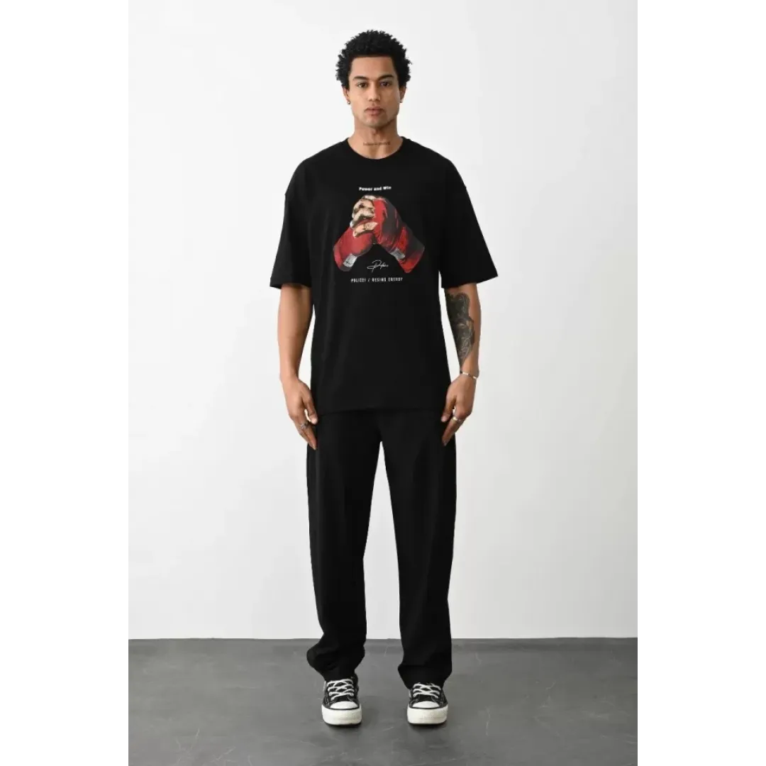Unisex Baskılı Oversize T-Shirt - Siyah - 100238 Unisex Baskılı Oversize T-Shirt - Siyah - 100238