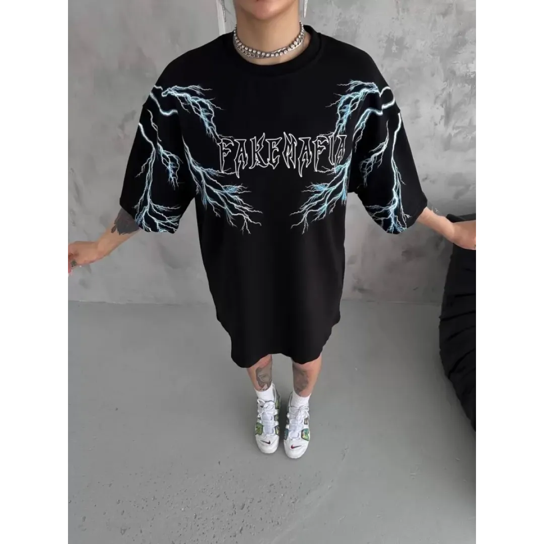 Unisex Bisiklet Yaka Baskılı Oversize T-Shirt - Siyah - 100559 Unisex Bisiklet Yaka Baskılı Oversize T-Shirt - Siyah - 100559