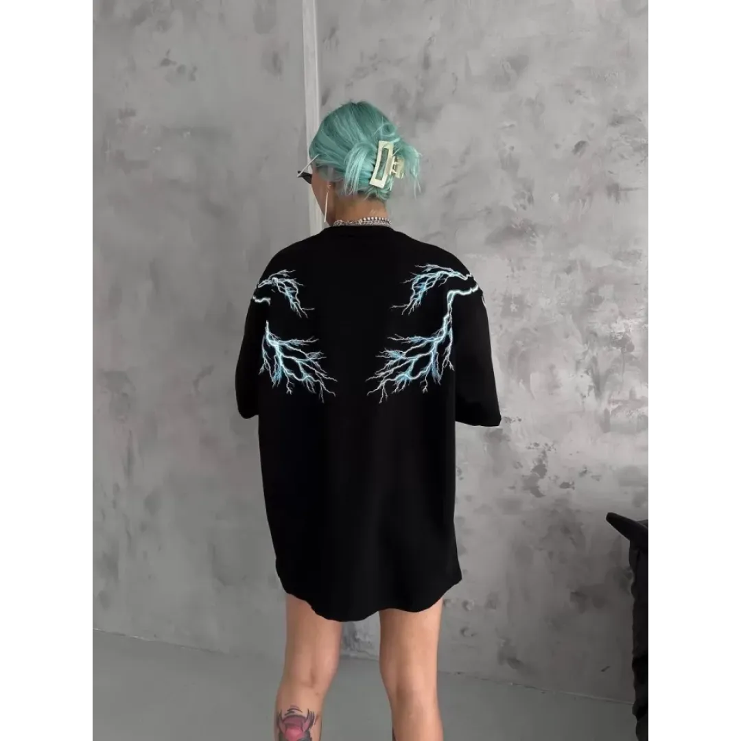 Unisex Bisiklet Yaka Baskılı Oversize T-Shirt - Siyah - 100559 Unisex Bisiklet Yaka Baskılı Oversize T-Shirt - Siyah - 100559