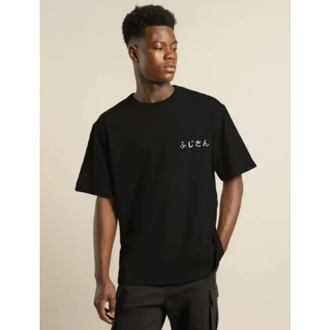 Unisex Bisiklet Yaka Baskılı Oversize T-Shirt - Siyah - 101035