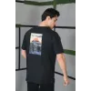 Unisex Bisiklet Yaka Baskılı Oversize T-Shirt - Siyah - 101035
