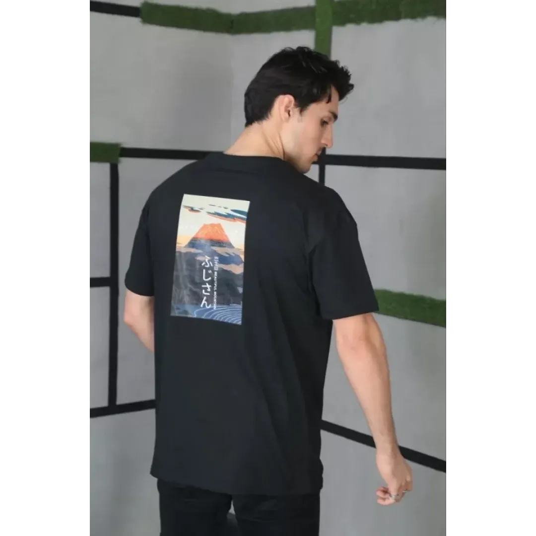 Unisex Bisiklet Yaka Baskılı Oversize T-Shirt - Siyah - 101035