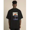 Unisex Bisiklet Yaka Baskılı Oversize T-Shirt - Siyah - 101035