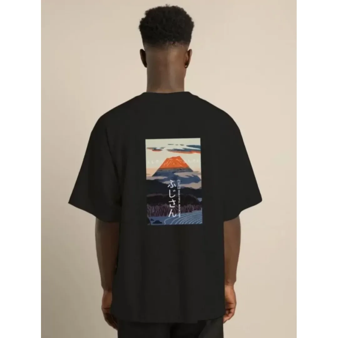 Unisex Bisiklet Yaka Baskılı Oversize T-Shirt - Siyah - 101035