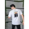 Unisex Bisiklet Yaka Baskılı Oversize T-Shirt - Beyaz - 101036