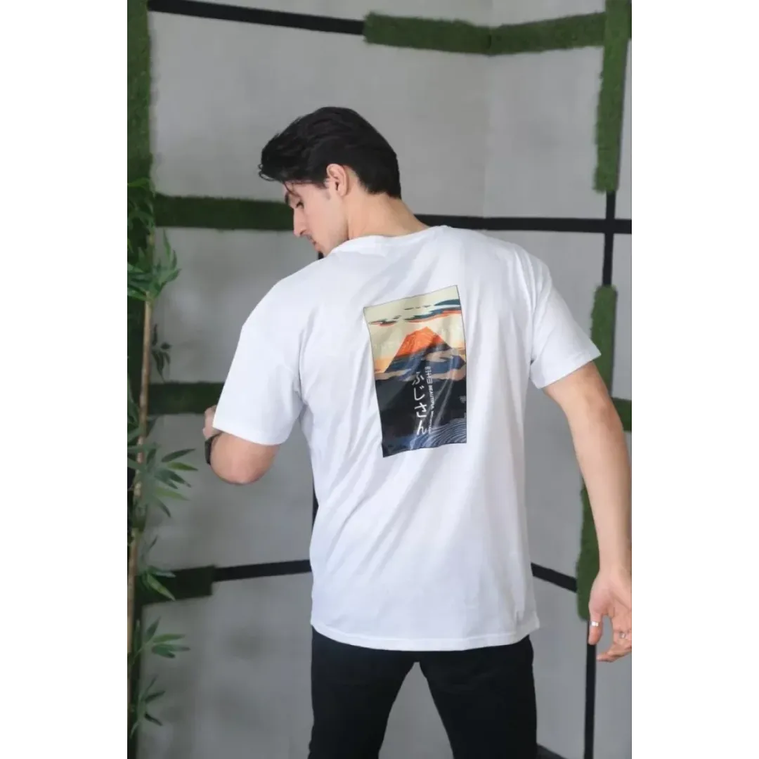 Unisex Bisiklet Yaka Baskılı Oversize T-Shirt - Beyaz - 101036