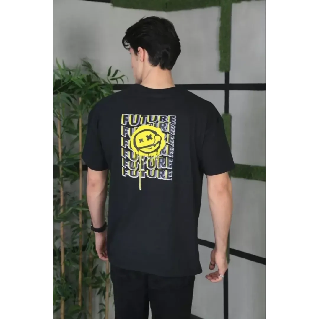 Unisex Bisiklet Yaka Baskılı Oversize T-Shirt - Siyah - 101037 Unisex Bisiklet Yaka Baskılı Oversize T-Shirt - Siyah - 101037
