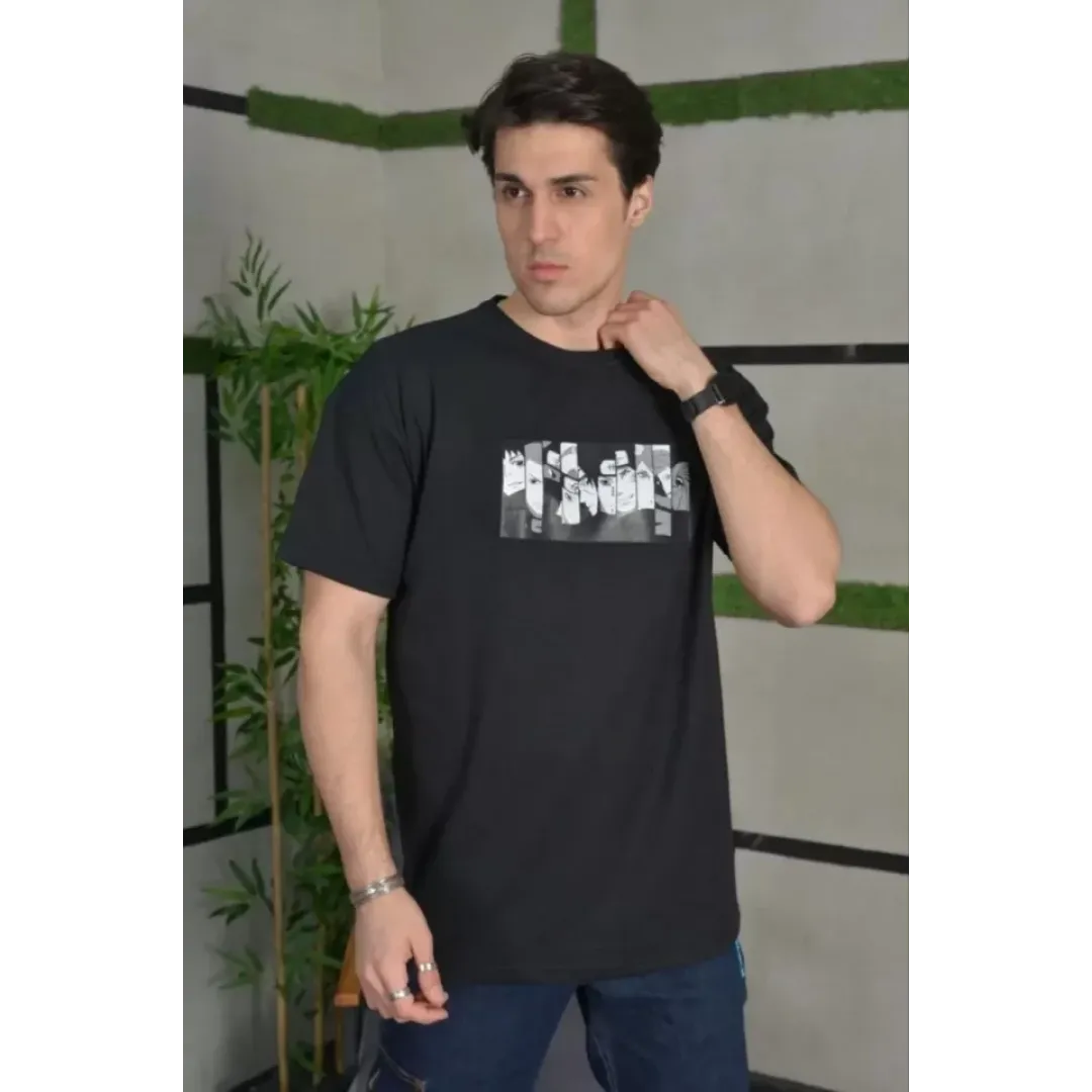 Unisex Bisiklet Yaka Baskılı Oversize T-Shirt - Siyah - 101039 Unisex Bisiklet Yaka Baskılı Oversize T-Shirt - Siyah - 101039